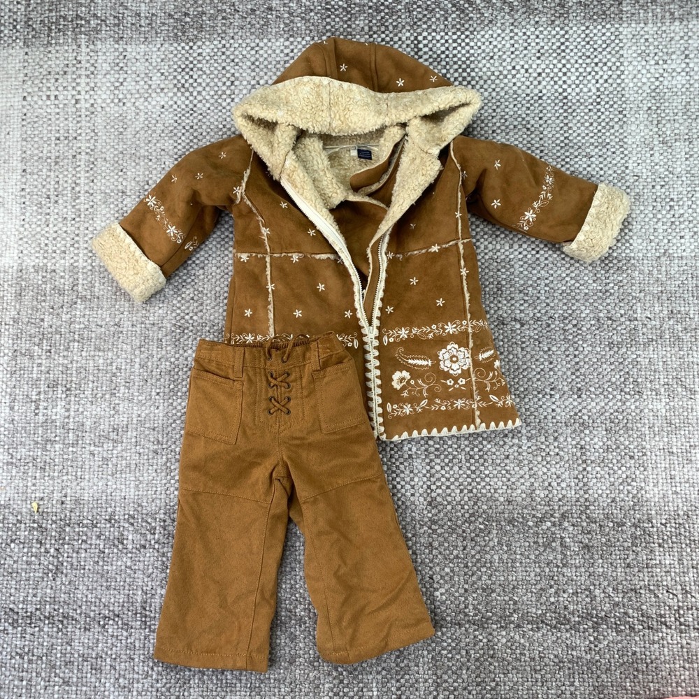 Baby Gap Coat Vest Pants Set Toddler 12-18 Months Brown Faux Suede Embroidered